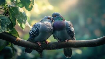 Two pigeons are perched together on a tree branch lovingly photo