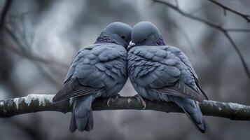 Two grey birds sitting together on a slender tree branch photo