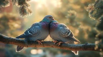 Two pigeons cuddle lovingly while perched on a tree branch together photo