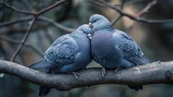Two pigeons perched closely together on a thick and textured branch photo