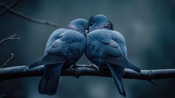 Two Pigeons Cuddled Together Sitting on a Branch Displaying Affection photo