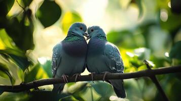 Two doves perched together on a branch in natural sunlight photo