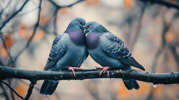 Two pigeons perched closely together on a tree branch photo
