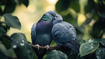 Two pigeons cuddling together on a branch surrounded by leaves photo