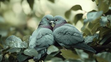 Two pigeons nestled together on a green leafy branch outside photo