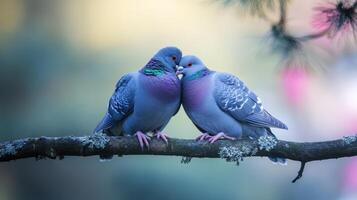 Two doves are peacefully resting on a tree branch together photo
