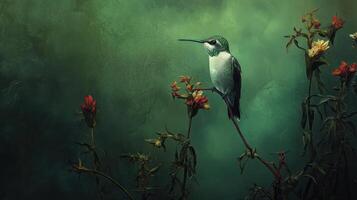 A hummingbird perched on a branch near colorful blossoms photo
