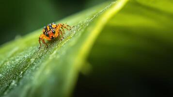 A vibrant jumping spider resting on a glistening green leaf photo