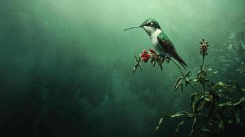 A small bird with green and white feathers perches on flowers photo