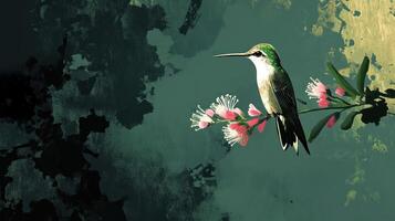A small hummingbird perched on a flowering branch with dark background photo