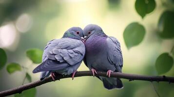 Two pigeons perched together on a branch displaying affection and care photo