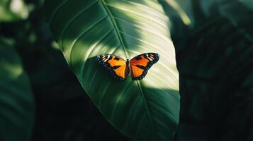 A beautiful butterfly rests peacefully on a lush green leaf photo