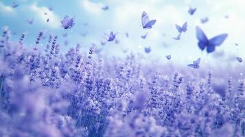Purple Lavender Field With Butterflies Flying Underneath a Blue Sky photo