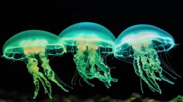Three luminescent jellyfish gracefully floating against a dark background photo