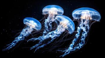 Four Glowing Jellyfish Swimming Gracefully Against a Dark Background photo