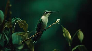 A hummingbird is perched delicately on a branch in nature photo