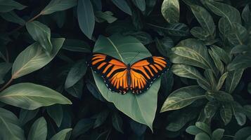 An orange and black butterfly rests atop a large green leaf photo