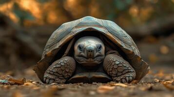 A large tortoise is facing the camera in a natural setting photo