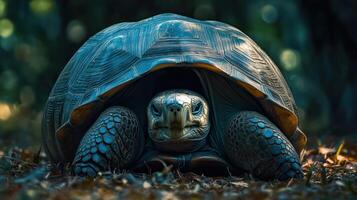 A large detailed tortoise poses towards the camera in nature photo