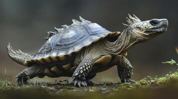 A unique looking turtle crawling across a natural environment photo