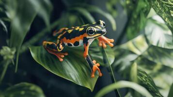 A vibrant frog is perched atop a large green leaf peacefully photo