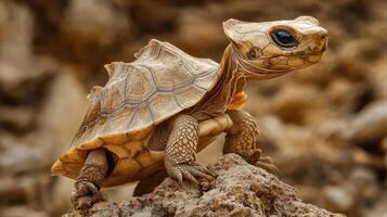 A curious tortoise perched on a rocky surface gazing forward photo
