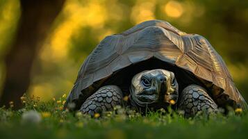 A large tortoise resting in a field of green grass and flowers photo