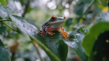 A colorful frog with bright red eyes rests on a large leaf photo