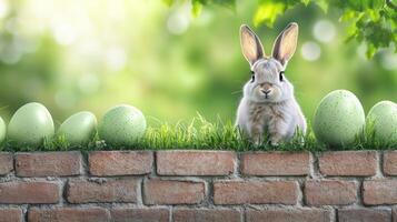 An adorable bunny surrounded by decorated eggs and green grass photo