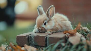 A Fluffy Bunny Rabbit Laying Down on a Stone Surface photo