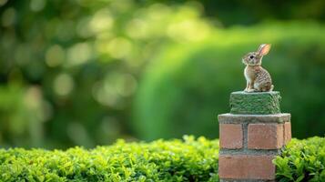 A cute rabbit sitting atop a brick pillar observing the greenery photo