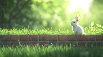 A small fluffy white rabbit sitting near some green grass photo