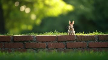 A small rabbit sits attentively on top of a brick wall photo
