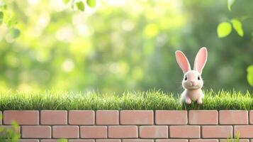 A fluffy white rabbit sits near the green grass and brick wall photo