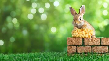 A fluffy brown rabbit is perched upon a brick wall photo