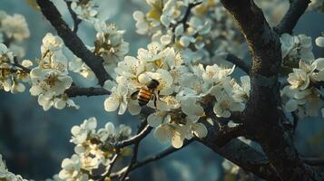 A bee collecting nectar from white blossoms on a branch photo