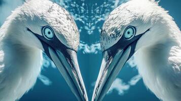 Two mirrored bird heads are gazing at the viewer against blue skies photo