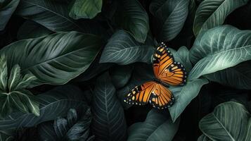 A beautiful orange and black butterfly resting on green leaves photo