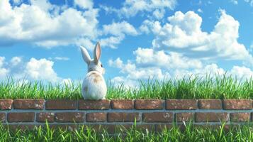 An adorable rabbit looks out over a brick wall and grass photo