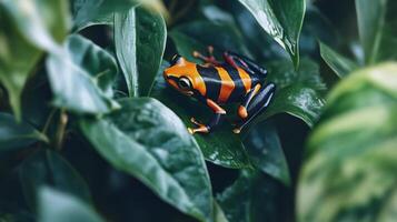 A colorful frog sits among green leaves in the forest photo