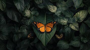 A beautiful orange butterfly rests on a vibrant green leaf photo