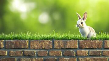 A small rabbit sits atop a brick wall looking forward peacefully photo