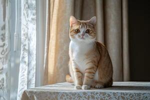 An orange and white cat sitting by a window inside photo