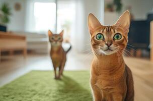 Two domestic cats are indoors looking directly at the camera photo