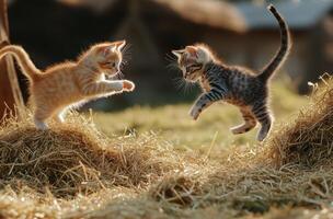 Two playful kittens leaping and interacting playfully within a grassy area photo