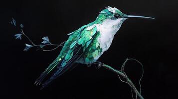A beautiful bird perched on a delicate branch with leaves photo