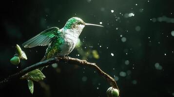 A small hummingbird resting on a branch in the dim light photo