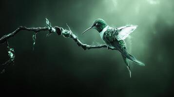 A beautiful hummingbird sits gracefully on a stylized tree branch photo