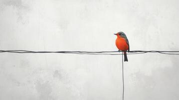 An Orange Breasted Bird Perched on a Black Wire Overhead photo