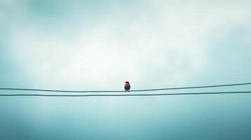 A lone red bird perches on a thin dark wire overhead photo